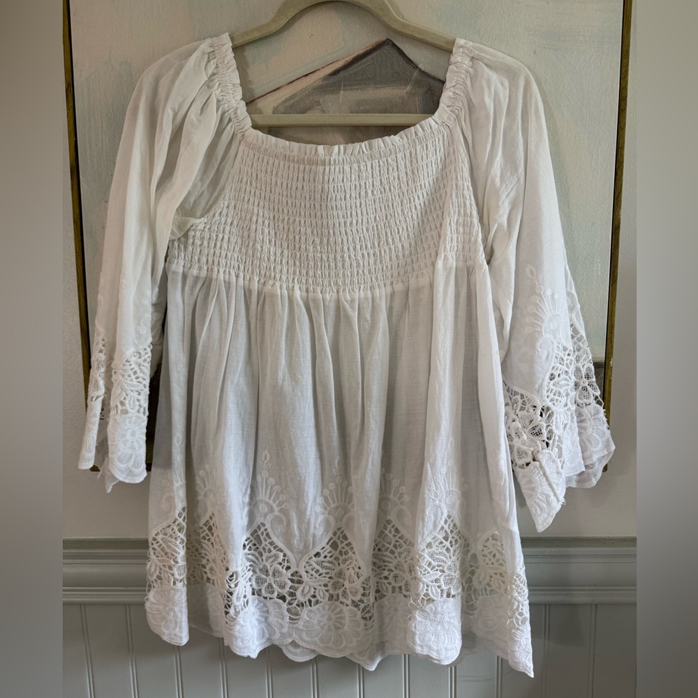 ANTICA SARTORIO by Giacomo Cinque White Lace Embroidered Peasant Blouse O/S